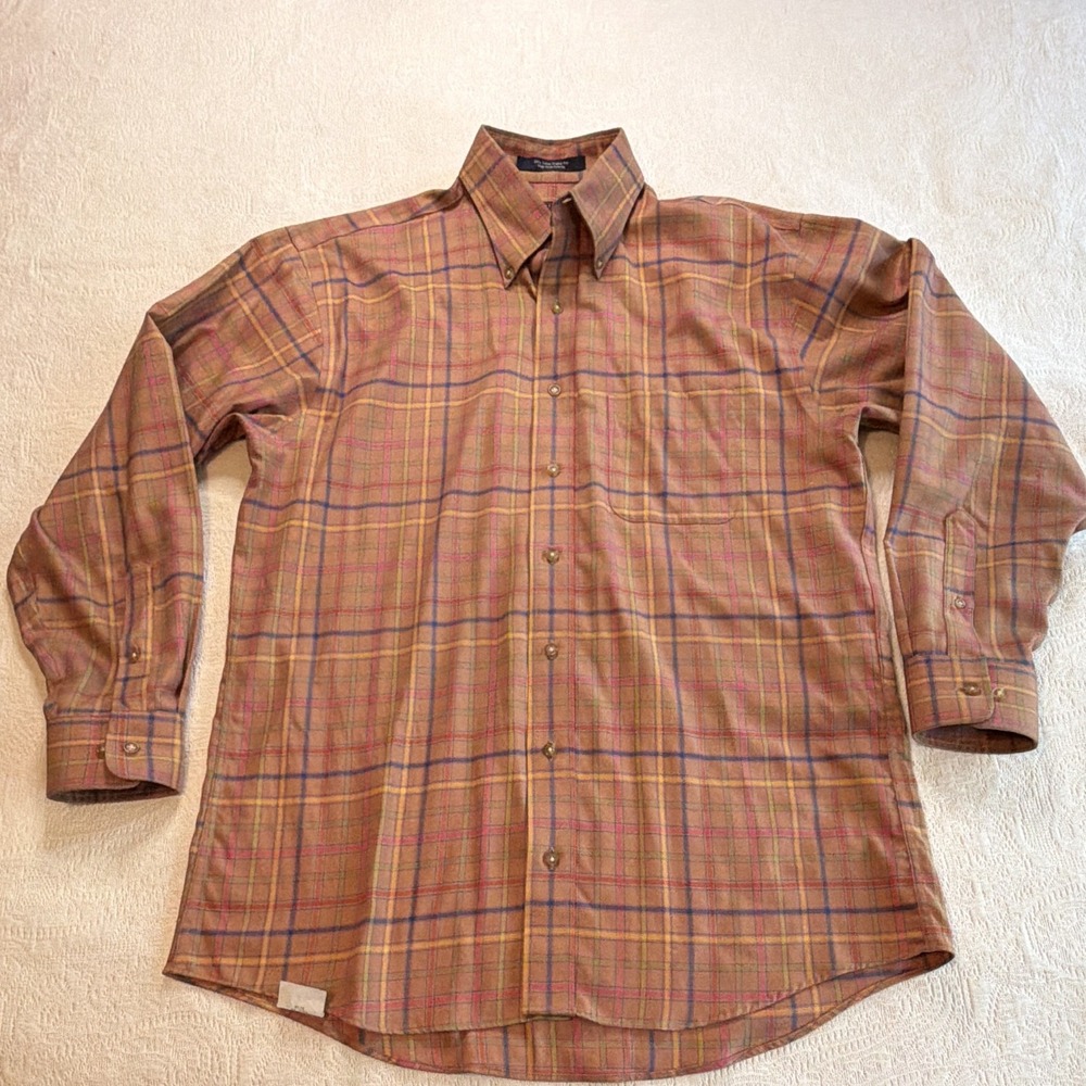 Overton Men's M Brown Plaid Cotton Woven Long Sleeve Button-Up Wrinkle Resistant